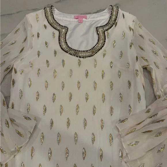 Lilly Pulitzer Dress Size 8 White Gold Silk Metallic Beaded Tunic Dress